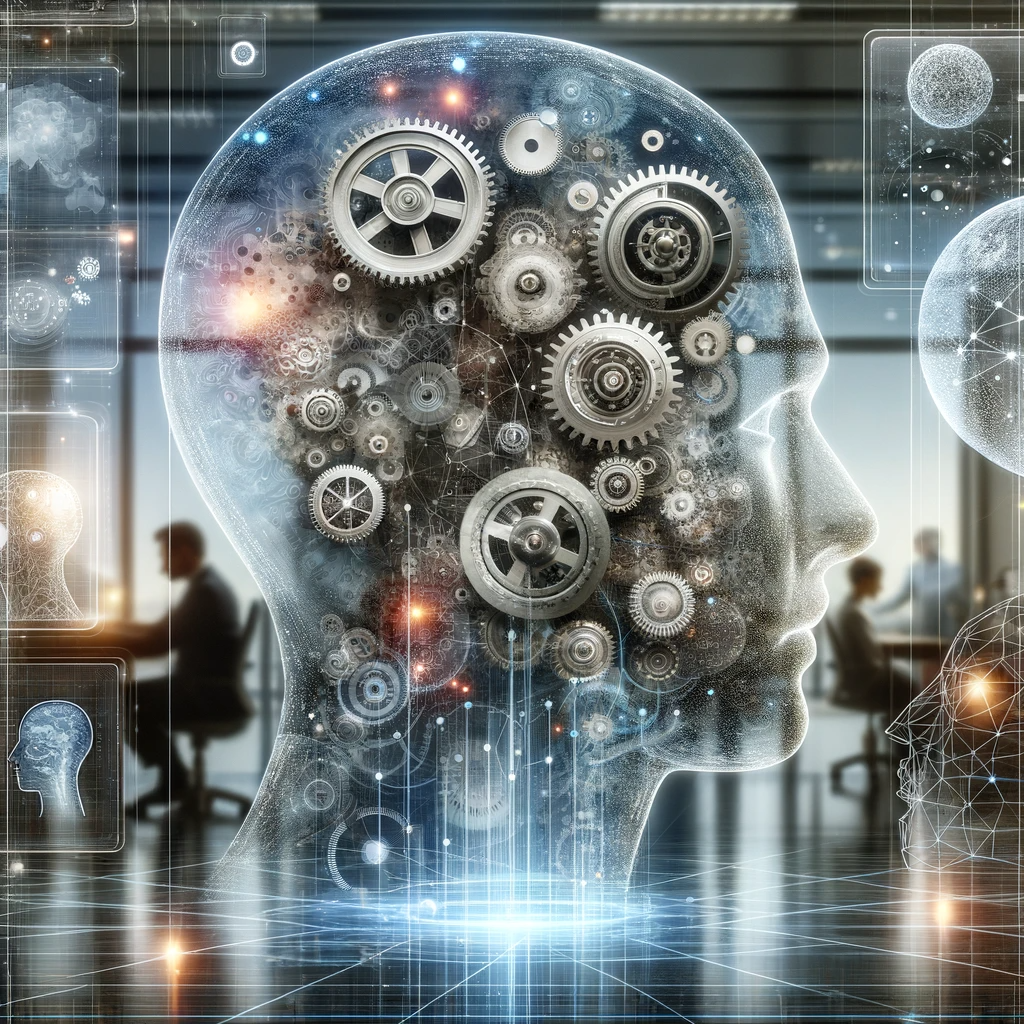 المدونة 14 DALL·E 2024 01 19 00.04.29 A conceptual image representing analytical thinking. In the foreground theres a large transparent human head made of glass filled with gears and c